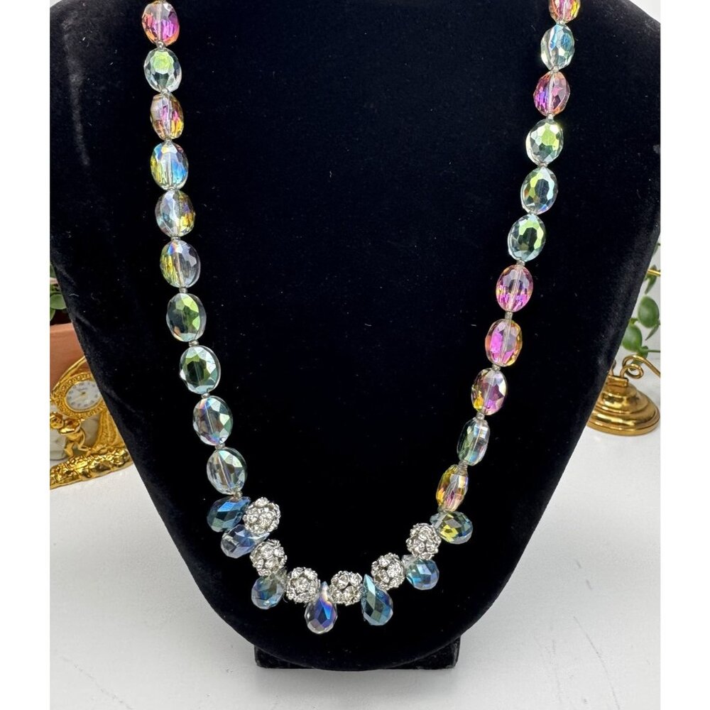 Vintage Faceted Glass Bead Necklace Multicolor AB Rhinestone Cluster 23"